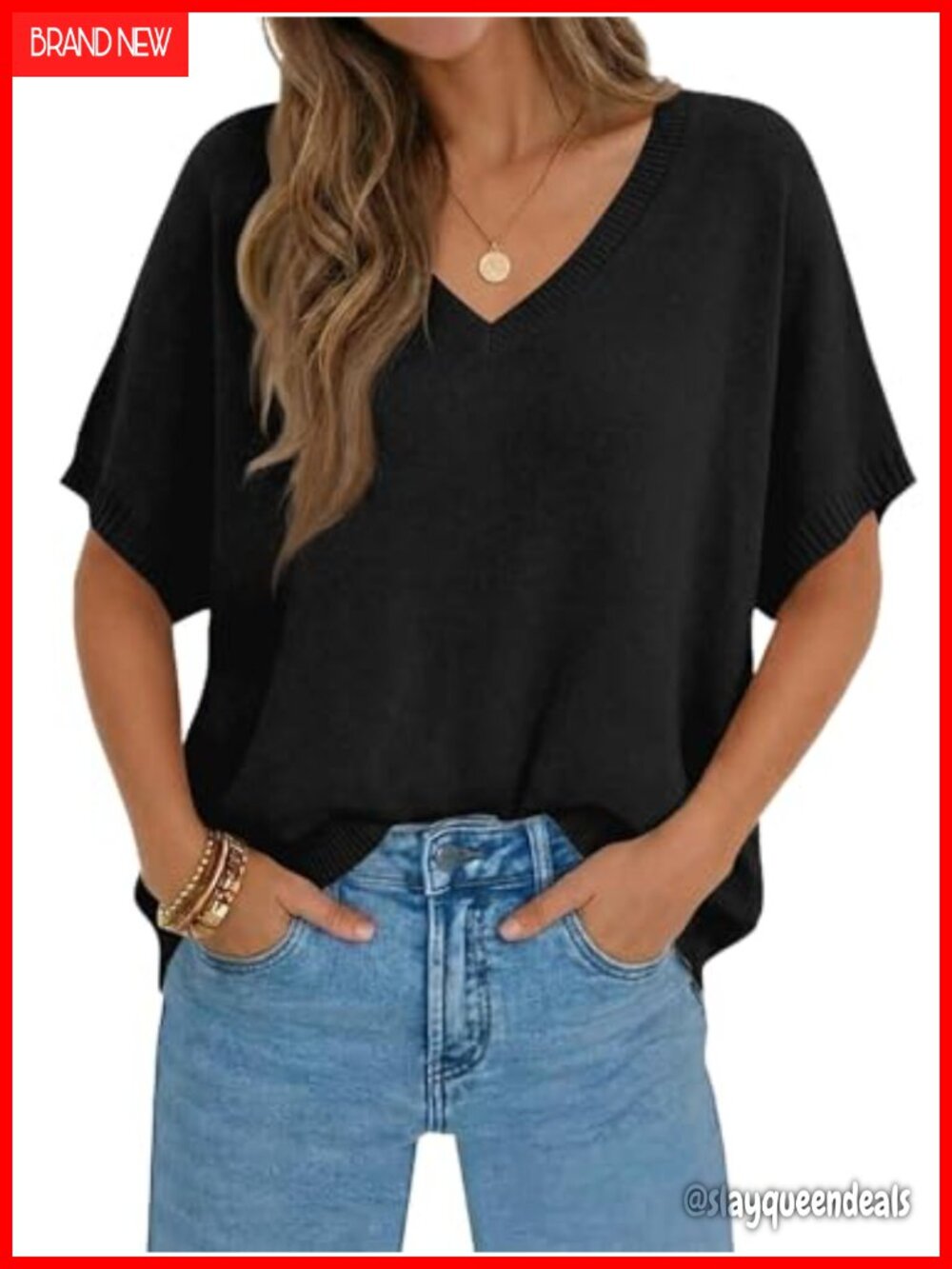 Oversized Batwing Short Sleeve V-Neck Lightweight Knit Summer Pullover Top